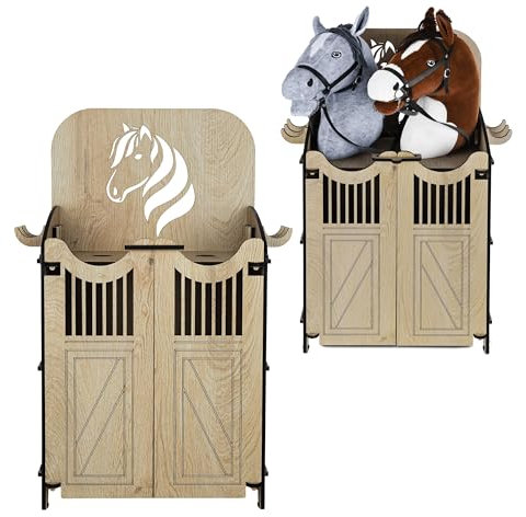 Hoofly Hobby Horse Stall - Praktisches Hobby Horse Zubehör mit Türen, Stauraum & Haken/Idealer Pferdestall Hobby Horsing Ständer 2 Pferde/Robuster Halter für 2 Hobby Horse Steckenpferde Stall Holz
