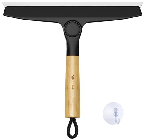 MR.SIGA Raclette Silicone Pivotante avec Poignée en Bambou, Raclette Douche Salle de Bain Fenêtre, Raclette Vitre Professionnel avec Support Ventouse, Noir