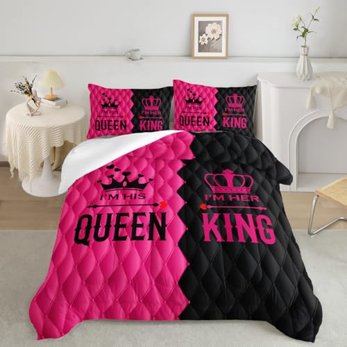 AILONEN Bettwäsche-Set für King-Size-Betten und Queen-Size-Betten, 3-teilig, romantisches Bettwäsche-Set für Sie und Ihn, für Paare, Krone, Mr Mrs Thema, für Herren und Damen, rosa und schwarz,