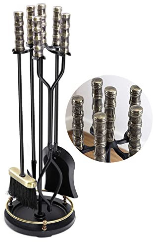 Kaminwerkzeug-Set, klassischer Stil, Edelstahl, 5-teiliges Kaminwerkzeug-Set, strapazierfähig, goldfarben, schwarz, Ofen-Feuer-Set, Mehrzweck-Kamin-Feuerstelle, Kamin-Werkzeug-Set, Heimkamindekoration