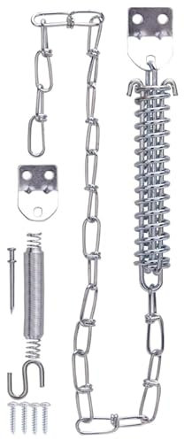 Rocky Mountain Goods Door Stop Chain Kit w/Spring 15.5 Steel Door Restraint - Zinc Finish - Wood & Metal Doors - Adjustable Safety Chain - Storm Door Stop