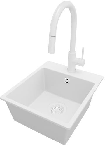 PRIMAGRAN Fregadero Granito Todo Blanco 38x44cm, Cocina 1 Seno + Grifo 40x20cm + Sifón, Sobre encimera al mueble 40cm - Riga Easy S016