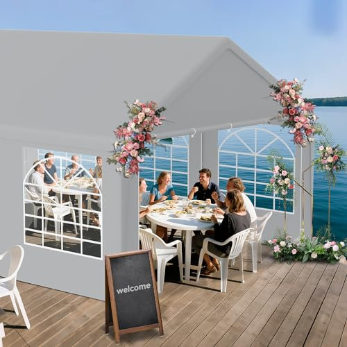 Froadp Stabile gazebo 4 x 6 con tubo rotondo in acciaio, telone per tetto in polietilene e pareti laterali per finestre, 4 x 6 m, come pergolato, gazebo da giardino o tenda per ogni festa (grigio)