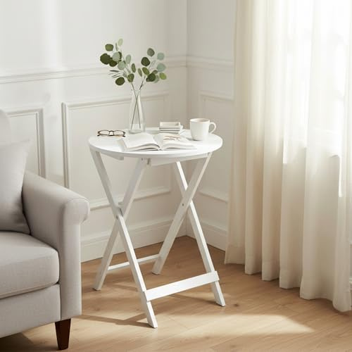 INDE MOBLEKIT | Mesa Auxiliar Plegable de Madera Blanca 40x49,5 cm, Mesita Redonda Plegable Pequeña para Salón, Sofá o Cama, Mesa Auxiliar Salón, Mesas Plegables Portátiles Hogar