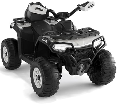 RBFGYIOP Quad Elettrico Bambini 12V con 2 Motori Potenti, Sospensioni, Telecomando Genitori, Ruote Large ATV 4x4, Luci LED e Bandiera Luminosa, Musica Wireless USB, 3-8 Anni, Bianco