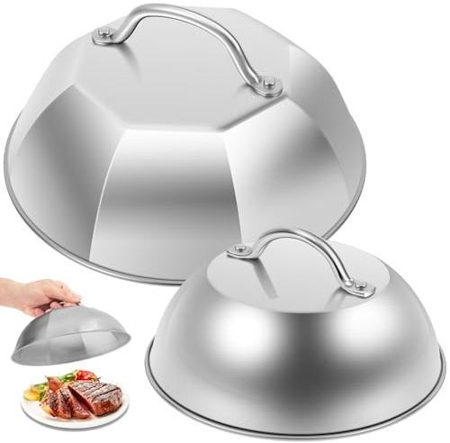 2Pack Cheese Melting Dome,Stainless Steel Food Covers,22.7 & 15 cm Basting Burger Cover,Round Steaming Grill Lid for Melting Cheese and Basting BBQ and Grilling