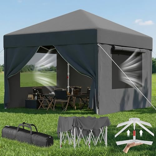 Devoko Belüftetes Netzfenster Faltpavillon, Pavillon 3x3 wasserdicht stabil Winterfest, Pop up Pavillon mit Seitenwänden, UV Schutz 50+, Partyzelt für Gärten, Innenhöfe, Camping. Dunkelgrau