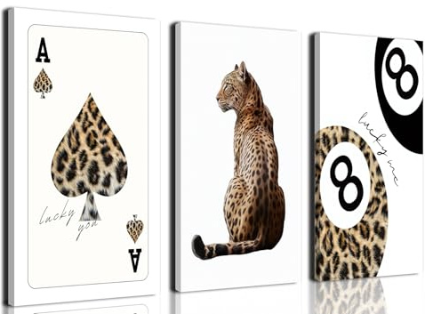Set mit 3 ungerahmten trendigen Leoparden-Leinwandkunst, Geparden-Drucke, Wanddekoration, Bilder, flippiges Lucky You 8-Ball-Poster, adrette, ästhetische Gemälde, für Mädchen, Schlafzimmer, Wohnheim