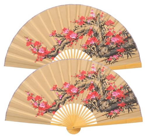 Monetais Fan Wall Decor, 2 Pcs Big Fan Wall Decor, Hand-painted Plum Blossom Chinese Folding Fans, Beige Cloth, 35.43x19.69 Inch