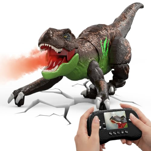 RC Dinosaur T-Rex Robot with Camera for Kids, Live Video RC LCD Screen, Crawling Motion Simulation, Smart Show Mode Spray Function Light Effect and Roar, Rechargeable Battery, Toys Gifts for Children