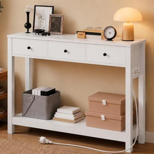 Xbro Schmaler Konsolentisch mit Steckdosenleiste, Flurtisch mit 3 Schubladen und Ablage, Beistelltisch mit USB-Anschlüssen, Sofatisch für Flur, Wohnzimmer, Küche, 130 x 30 x 80 cm, Weiß