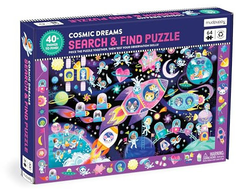 Mudpuppy Cosmic Dreams – 64 Piece Search & Find Jigsaw Puzzle Featuring Cats in A Whimsical Outer Space Wonderland and Over 40 Hidden Images to Find