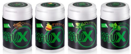 kauX Xylitol Zahnpflege-Kaugummi ohne Aspartam 4'er Pack gemischt (60g=40 Stück pro Dose)