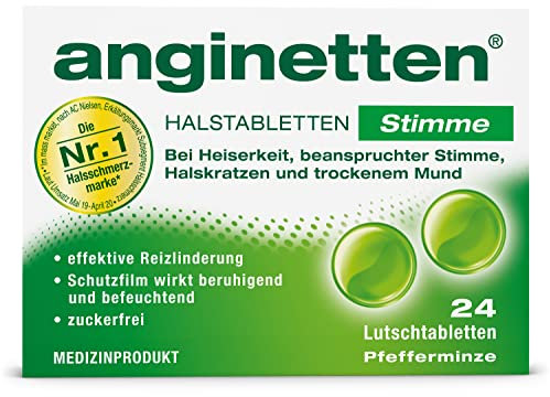 anginetten Stimme Halstabletten | 24 zuckerfreie Lutschtabletten mit Pfefferminz-Geschmack gegen Heiserkeit, Halskratzen und trockenen Hals | befeuchtet Schleimhäute für eine sanfte Reizlinderung