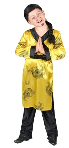 DEGUISE TOI - Déguisement chinois garçon - Tunique - Pantalon - Ceinture - Coiffe - S 4-6 ans (110-120 cm) - Jaune - Déguisements enfants - 100% Polyester - Lavage à sec - Carnaval
