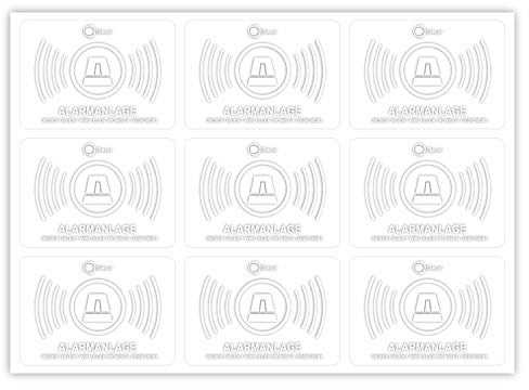 iSecur 9er Aufkleber-Set Alarmanlage 5 x 3,5 cm außenklebend - hin361 | 9 transparente Alarmanlage-Aufkleber, außenklebend für Fenster und Tür, selbstklebend, UV-beständig, witterungsbeständig