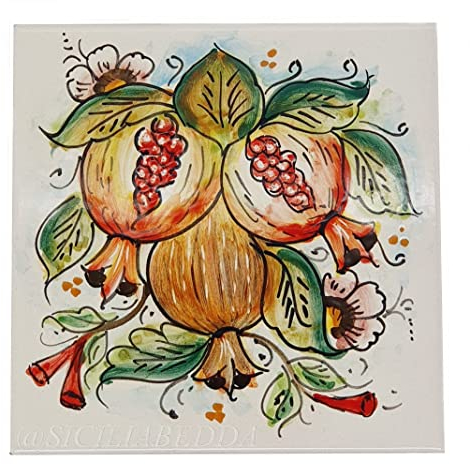 Sicilia Bedda - PIASTRELLA IN CERAMICA SICILIANA - Realizzata e Dipinta a Mano - 15 x 15 x 0.8 CM (Decorazione Melograno)