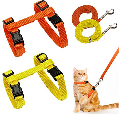 2 Stück Verstellbare Nylon Geschirre Katzenleine, Geschirre Katzenleine Kätzchenhalsband,Orange Weiche Katzengeschirr mit Leine für Kätzchen Welpe Kaninchen Hase