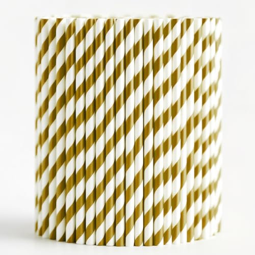 Trimming Shop Striped Paper Drinking Straws – 100% Compostable, Sturdy & Non-Soggy – Food-Safe Ink, Eco-Consious, Multi-Layered, Gold & White, 250 Pack