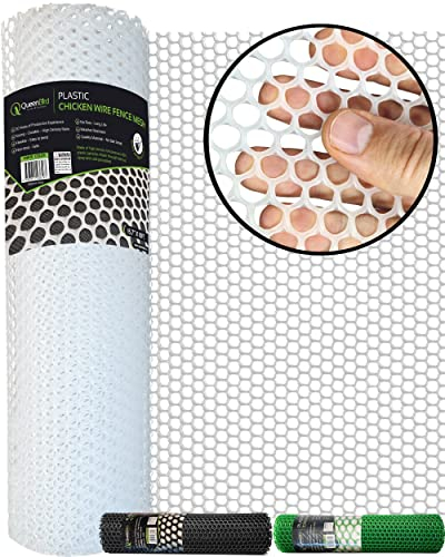 QueenBird Upgraded Plastic Chicken Wire Fence Mesh - 15.7IN x 10FT- Black/Green/White Colors - Hexagonal Fencing for Gardening - Poultry Netting, Floral Netting, Plastic Chicken Wire Mesh Roll (White)