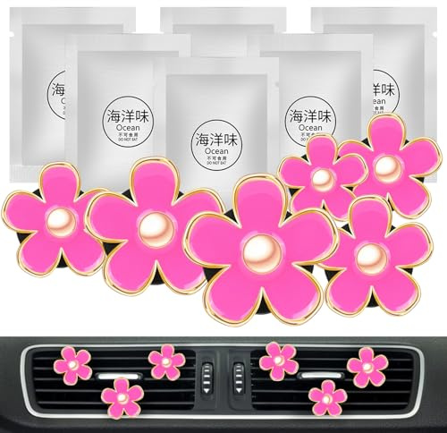 Cute Pink Car Accessories for Women Teens Girls 6pcs Boho Flowers Cars Air Fresheners Vent Clips Girly Automotive Truck Smell Freshener Gadgets Diffuser Aesthetic Decor Xmas Gifts for Mom