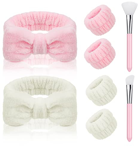 Smilcloud 2 Stück Haarband Kosmetik Spa Stirnband Skincare Headband mit 2 Stücke Silikonpinsel 4 Stücke Handgelenk Waschband Abschmink Haarband für Duschen und Gesicht Waschen