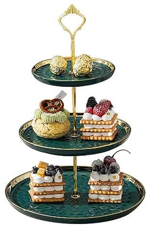 Cupcake-Ständer Keramik Kuchen Stand mit 3-Lagen Eingelegten Gold Tier Tables Obstteller für Couchtisch Dekoration, Cupcake und Teller Dessert Stand (grün)