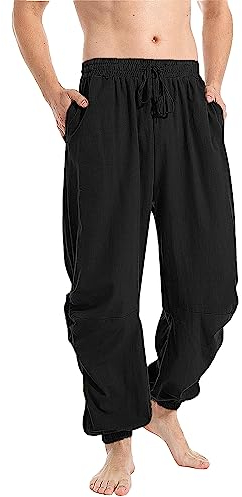 YAOBAOLE Herren Lang Hose Leinenhose Einfarbig Freizeithose Lässige Strandhose Leichte Lange Hosen Regular Fit für Männer Leinen Schwarz L