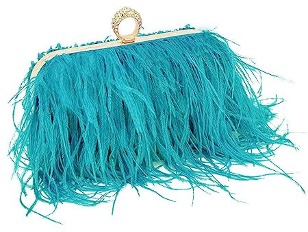 Frauen Straußenfeder Geldbörse Straußen-Tragetasche Flauschige Feder Geldbörse Fransen Clutch Abend Handtasche für Partei Abschlussball Pfau Blau