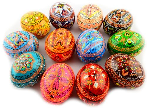 SKRRYNYA Ostereier bemalte Eier Holz Ukrainisch Pysanky Pysanka Polnisch Pisanki Tschechische Kraslice, 12 Stück - Hängeschmuck - Hängende Dekoration - Ostern
