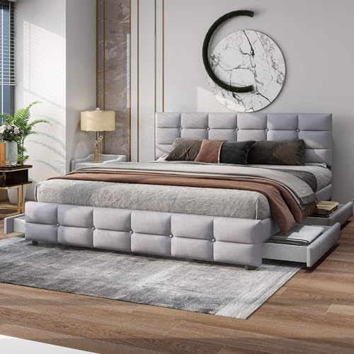 HYUB Polsterbett mit Stauraum 180x200cm, Doppelbett mit 4 Schubladen und Lattenrost, Stauraumbett aus Samtstoff mit Höhenverstellbares Kopfteil, für Erwachsene und Jugendliche, Ohne Matratze, Grau