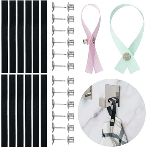 Nähfrei-Aufhänger für Textilien, 12 Pack, 180 x 12 mm Schlaufen, in Schwarz, mit Pin-Knopfverschluss, Aufhänger Schlaufen für Geschirrhandtuch, Bad Handtuch, Lappen, Tuch, Dekoartikel, Camping Zubehör