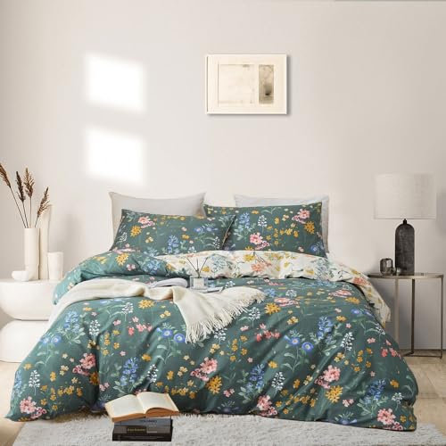 Nyescasa Bettwäsche 135x200 2 Teilig Grün Weiß Blumen Blätter Muster Bettwäsche-Set Pflanzen Botanisch Wendebettwäsche Bunt Weiche Mikrofaser Bettbezug mit Reißverschluss und Kissenbezug 80x80cm