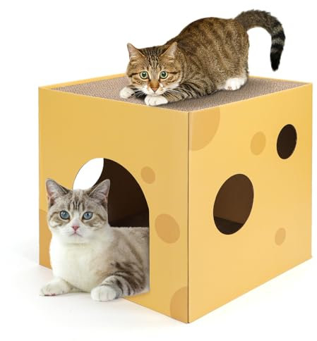 Nobleza Casa Gato con Rascador para Gatos de Cartón y Hierba Gatera, Cama para Gatos Litera, Cueva para Gatos de Cartón Plegable, Juguetes para Gatos Pequeños y Medianos, L35*W35*H35CM, Amarillo