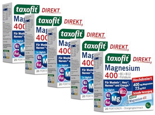 taxofit Magnesium 400 Direkt-Granulat +B1+B6+B12+ Folsäure 800µg | 5x 20 Portionsbeutel | hochdosiertes Magnesium 400mg aus Magnesiumoxid für Muskeln¹, Herz² & Energiestoffwechsel³