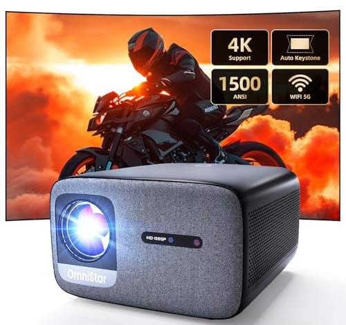 CASIRIS Omnistar Beamer 1500 ANSI| Auto Fokus| 1080P Full HD 4K Unterstützung| 16:9 5G WiFi Bluetooth Videoprojektor für TV-Stick, Heimkino, Büro, Club, Draußen