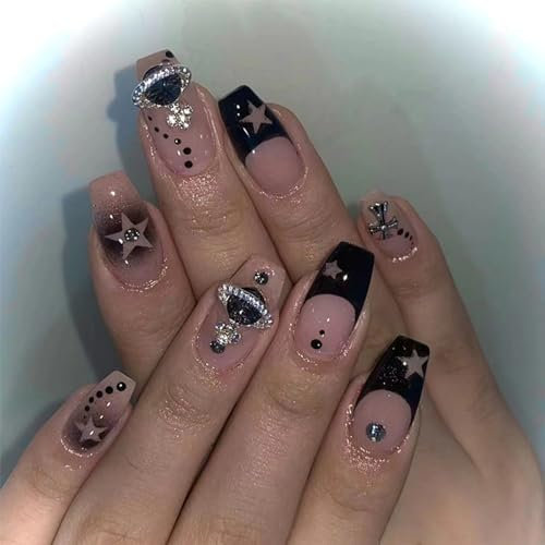 French Tip False Nails - 24pcs Medium Shaped False Nails - Universe Hollow Stars Designs False Tip Press on Nails - Fake Nails with Glue - Acrylic Stick on Nail for Women Girls