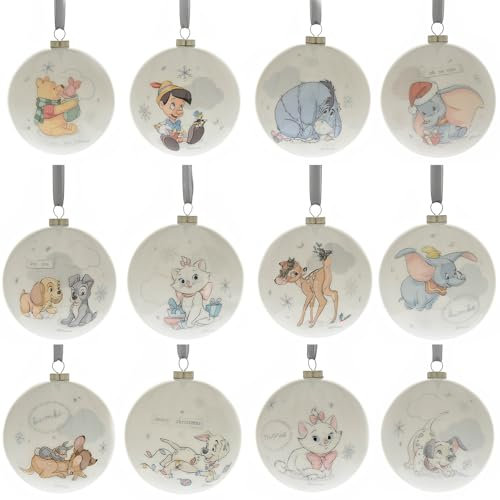 Disney Magical Beginnings - Set of 12 Baubles - Pooh, Tigger, Piglet & Eeyore, Bambi, Pinochio, Dumbo & Marie- Officially Licensed Merchandise - Xmas Ornament For Christmas Tree Festive Decor.