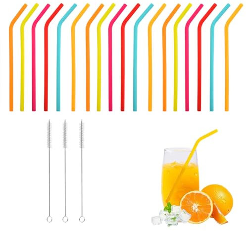 18 Pack Reusable Drinking Silicone Straws,Food Grade Silicone,Colourful Drinking Straws,3 Cleaning Brushes, for Cocktail, Juice, Milkshake