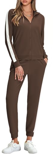 Marvmys Women 2 Piece Travel Outfits Set Full Zip Jogging Suit Long Sleeve Sweatshirts and Jogger Pants Tracksuits with Pockets Dark Brown M
