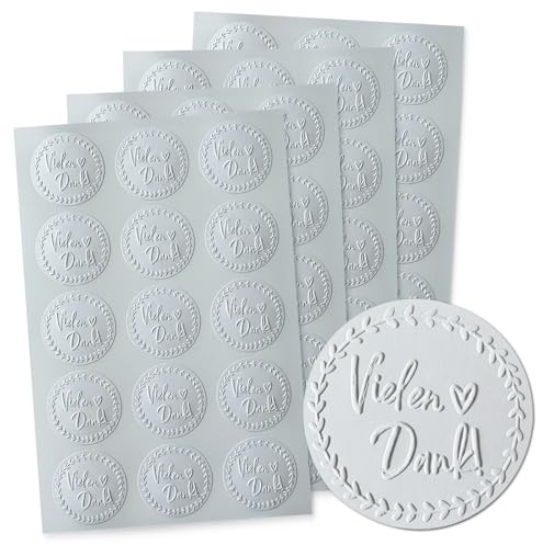 ECCK Vielen Dank Siegel Aufkleber geprägt, 60 Stück rund edle Sticker in Papieroptik mit feiner Prägung, für kleine Gastgeschenke Hochzeit, Geburtstag, Taufe, Feiern und Feste in weiß