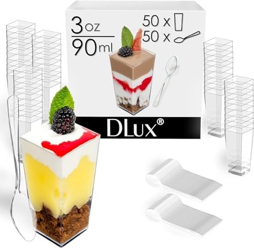 DLux Dessert Cups with Spoons, 90 ml 50 Pcs - Clear Plastic Parfait Appetizer Cups, Square Tall 3 oz Shot Glass Bowl for Party Desserts Appetizers - with Recipe Ebook