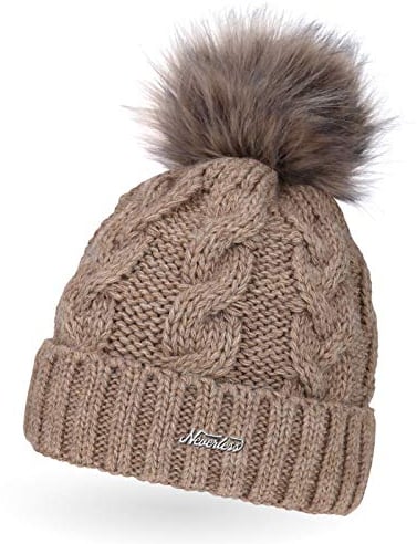 Neverless Damen Strick-Mütze gefüttert mit Fell-Bommel, Kunstfell, Winter-Mütze, Bommelmütze, dunkel-beige Unisize