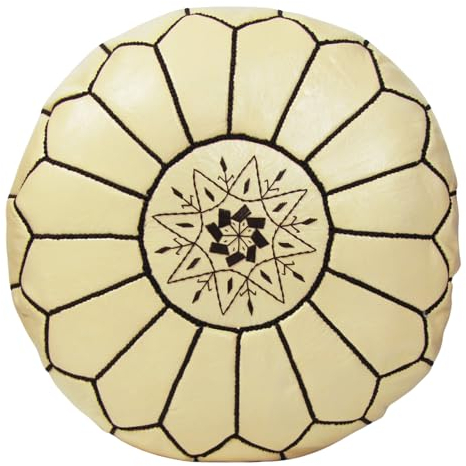ALMADIH Leder Pouf Creme Echtleder Sitzkissen Beige mit brauner Ziernaht - gefüllt geliefert - Traditionelle Handarbeit – Sitzsack Ottoman marokkanische orientalische Bodenkissen Natur (Pouf Creme)
