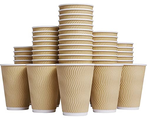 Luckypack Hot 12 oz Disposable Insulated Corrugated Sleeve Ripple Wall Paper Coffee Cups for Drink, 12OZ, Brown