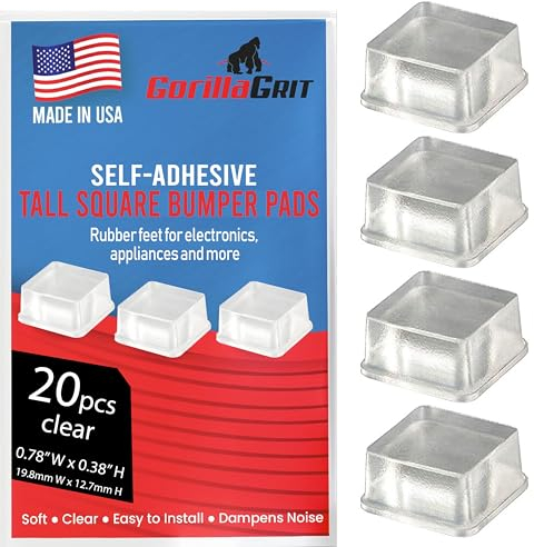 Clear Tall Square Adhesive Rubber Bumper Pads - Made in USA – Rubber Feet for Speakers, Electronics, Furniture, Appliances, Audio Equipment - 20 Pieces