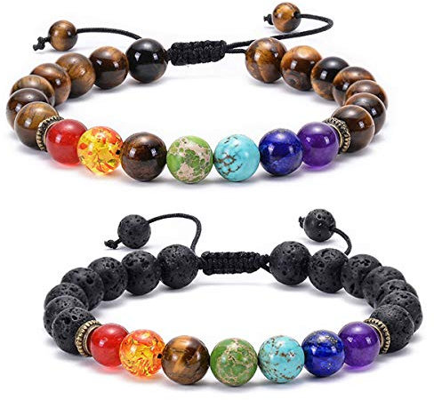 Techson 7 Chakras Bracelet, Lava Rock and Tiger Eye 8mm Natural Stone Braided Rope Bangle, Essential Oil Diffuser Gemstone Beads Yoga Bracelet (2 Pack)