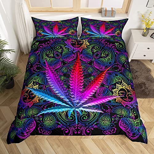 Boho Mandala Bettbezug Set für Mädchen Jungen Teenager Marihuana Weed Betten Set Cannabis Blätter Bettwäsche Set 135x200cm Lebendiges böhmisches exotisches Blumendekor 2St