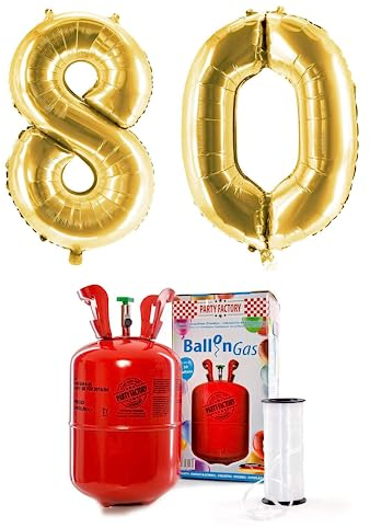 PARTY FACTORY Helium Set 80 mit XXL Zahlenballons, Ballongas und Ballonschnur - für Geburtstag, Jubiläum, Jahrestag; Gold, Silber, Schwarz, Pink, Rosa, Rosagold, Bunt (Gold)