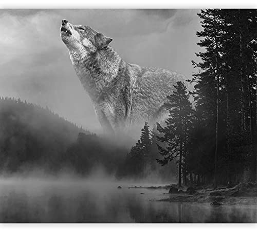 murando - Vlies Fototapete Wald 200x140cm - Foto Tapete Schlafzimmer Wohnzimmer Vliestapete XXL Wandtapete Motivtapeten Bildtapete 3d Effekt Wand Dekoration - Nebel Wolf schwarz weiß c-C-0475-a-a
